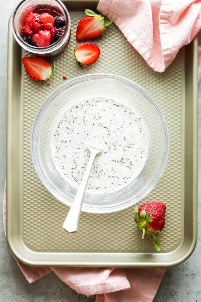 A quick, simple, and naturally-sweetened chia pudding with berries on the bottom. Prep this in advance and store it in the fridge for a quick breakfast, snack, or dessert.