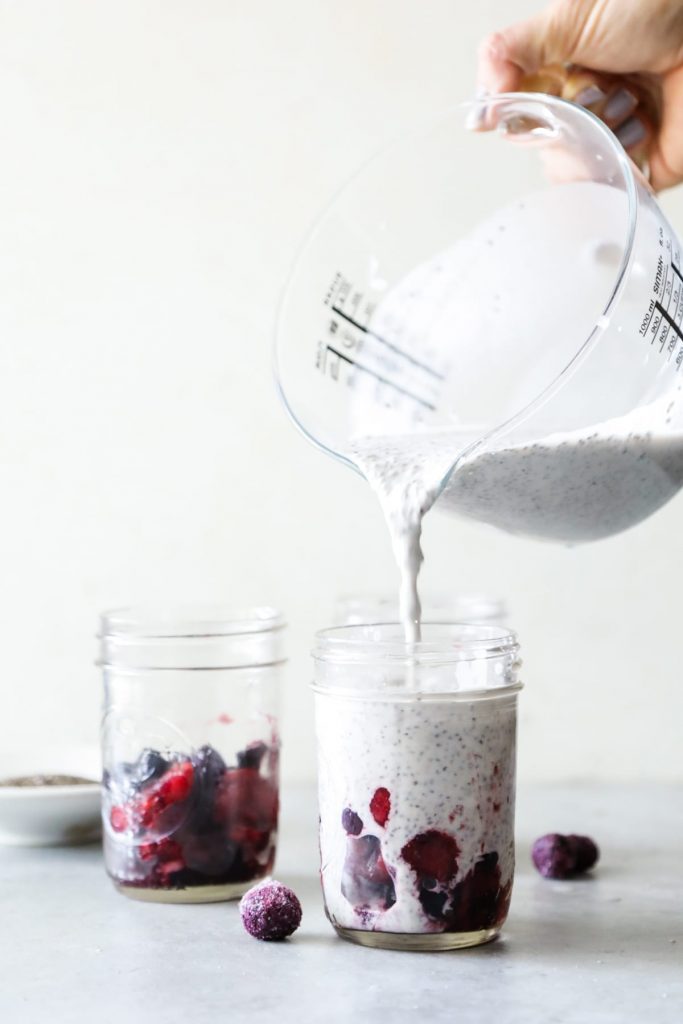 A quick, simple, and naturally-sweetened chia pudding with berries on the bottom. Prep this in advance and store it in the fridge for a quick breakfast, snack, or dessert.