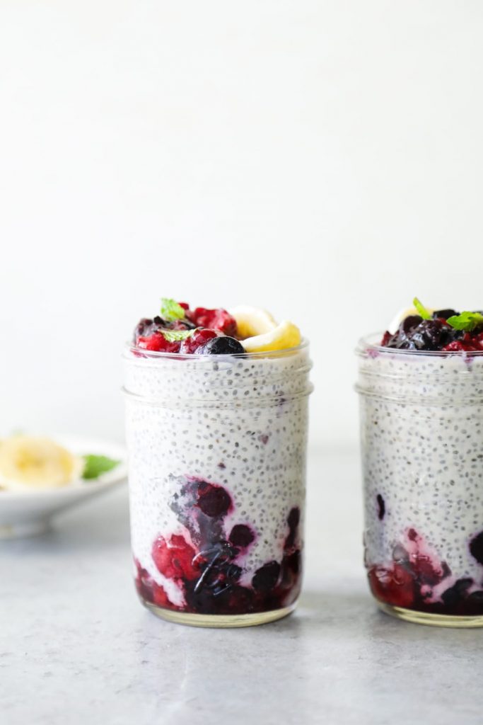 A quick, simple, and naturally-sweetened chia pudding with berries on the bottom. Prep this in advance and store it in the fridge for a quick breakfast, snack, or dessert.