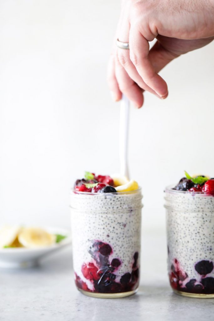 A quick, simple, and naturally-sweetened chia pudding with berries on the bottom. Prep this in advance and store it in the fridge for a quick breakfast, snack, or dessert.