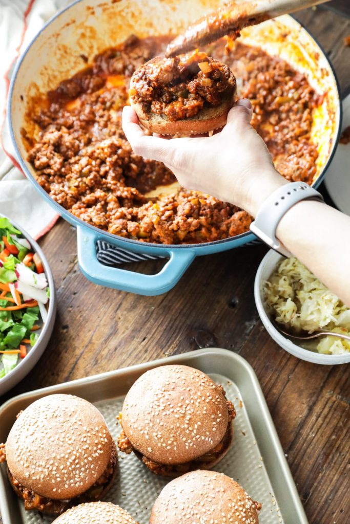 A (homemade) real food sloppy joe recipe that can be made in under 30 minutes. Real, inexpensive meal idea.