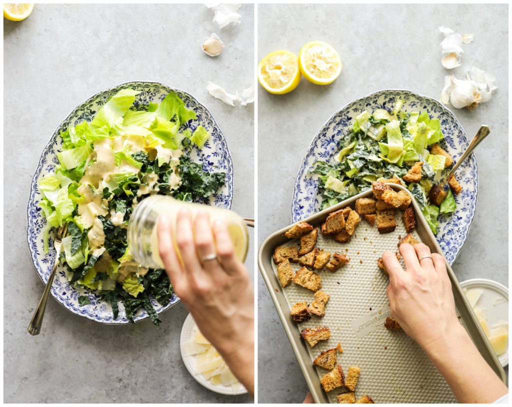 The BEST caesar salad I've ever had! So creamy. Made with real food ingredients. And the salad is super easy to make (including the homemade croutons).