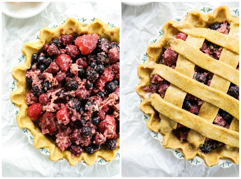 A homemade mixed berry pie featuring frozen (summer) berries and a flaky, homemade crust.