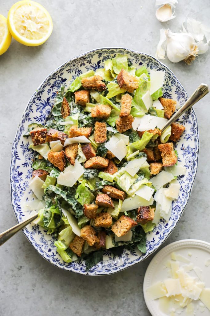 The BEST caesar salad I've ever had! So creamy. Made with real food ingredients. And the salad is super easy to make (including the homemade croutons).