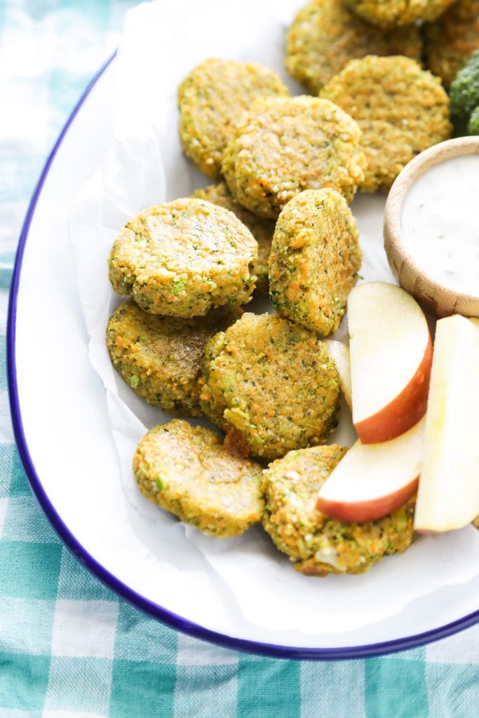 These nuggets are made entirely out of veggies (along with some cheese, breadcrumbs, and an egg), making them a fun way for kids (and adults) to enjoy vegetables and a nugget at the same.