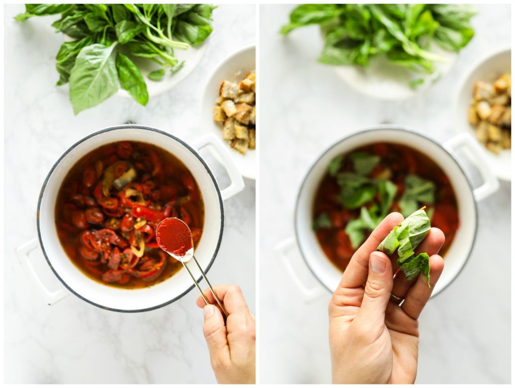 A seasonal fresh tomato soup featuring roasted red pepper, fresh tomatoes, basil, and nourishing broth. So easy and fast!