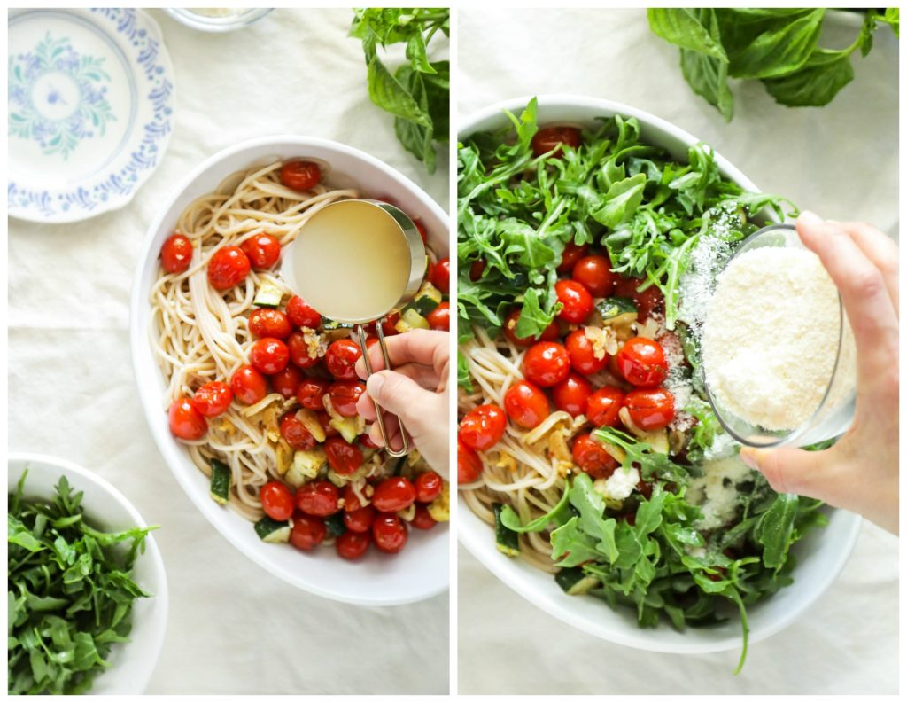 My absolute favorite pasta! This summer pasta with 'burst' tomatoes, zucchini, and arugula is so easy to make. Just cook the veggies and noodles, and mix together.
