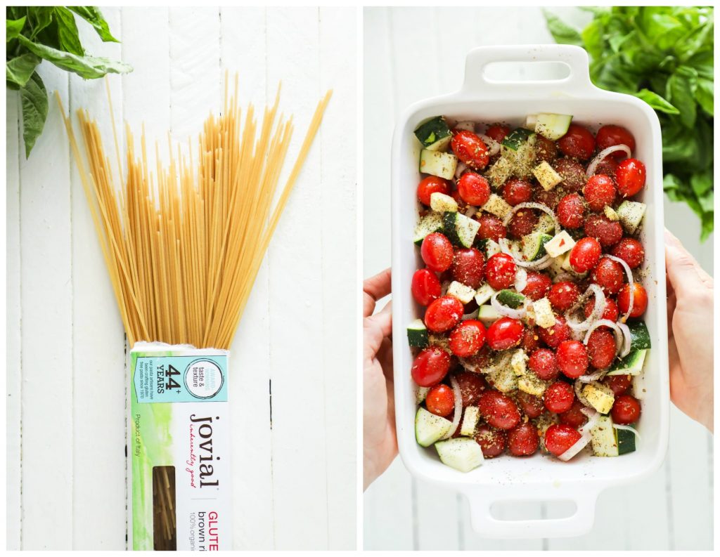 My absolute favorite pasta! This summer pasta with 'burst' tomatoes, zucchini, and arugula is so easy to make. Just cook the veggies and noodles, and mix together.