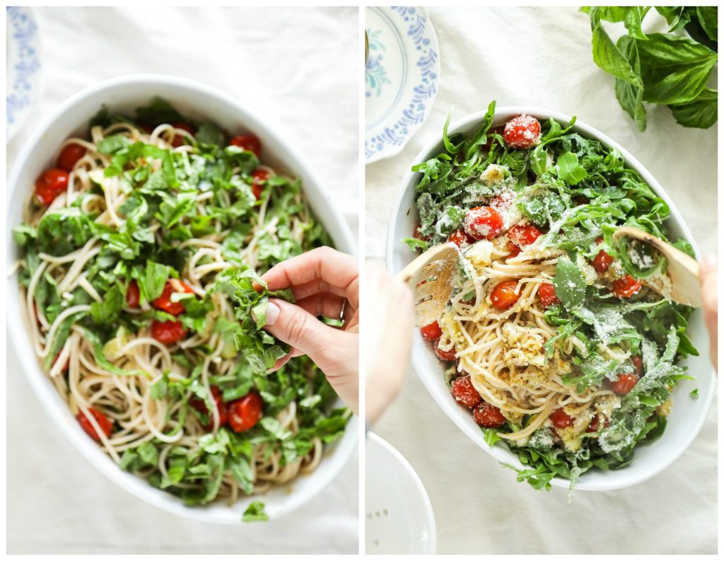 My absolute favorite pasta! This summer pasta with 'burst' tomatoes, zucchini, and arugula is so easy to make. Just cook the veggies and noodles, and mix together.