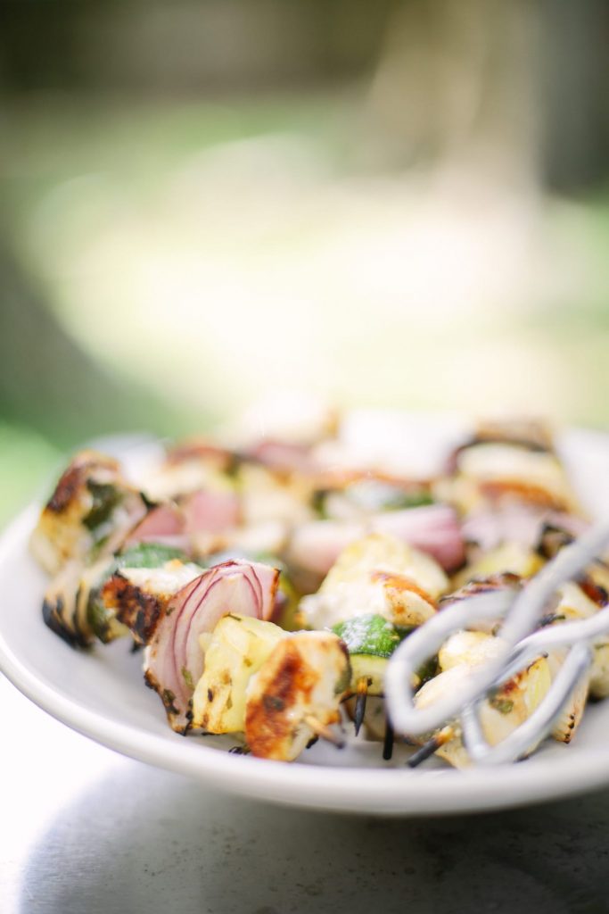 Summer squash and chicken kebabs flavored with a homemade, easy-to-make chimichurri sauce. So good!