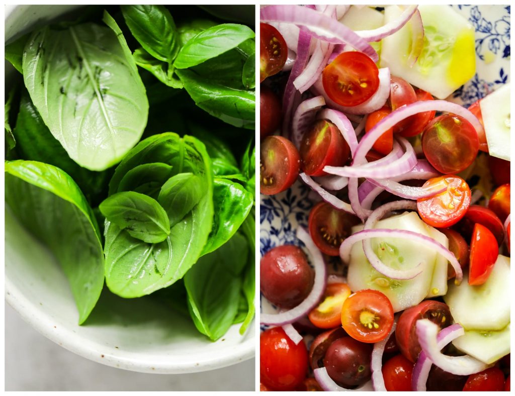 A classic summer panzanella salad made with homemade croutons, grape or cherry tomatoes, cucumbers, red onions, and fresh basil.