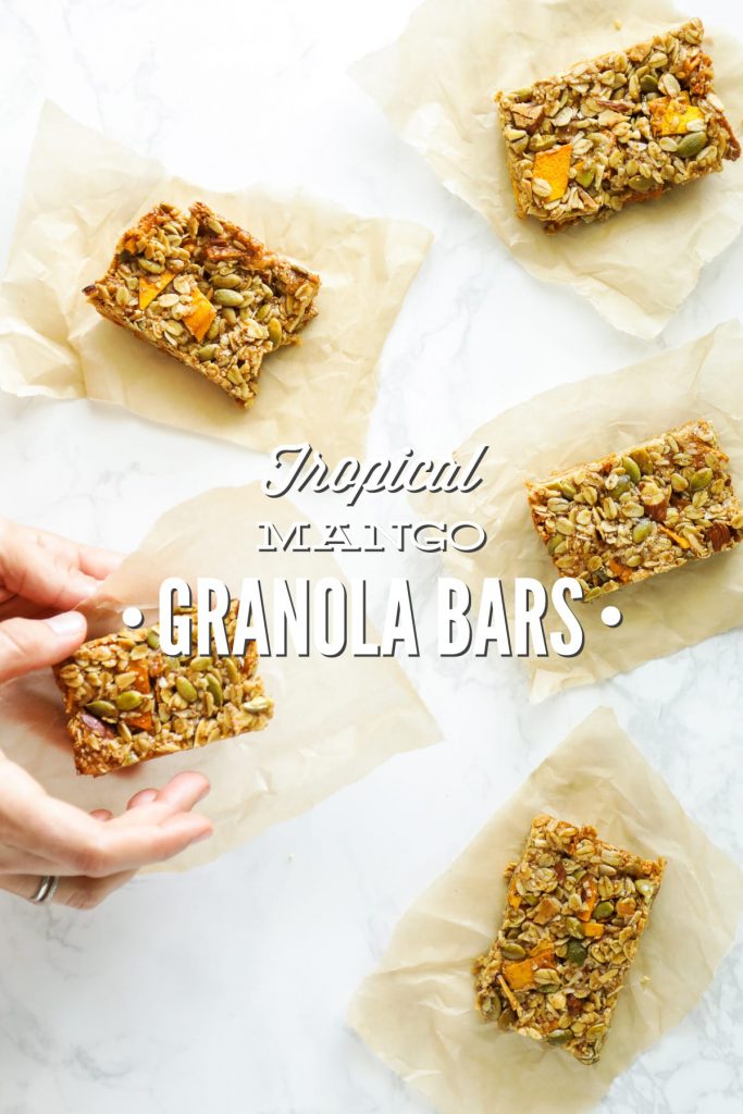 Chewy homemade granola bars with a tropical twist. Made with mango, coconut, natural sweetener, and almond butter.