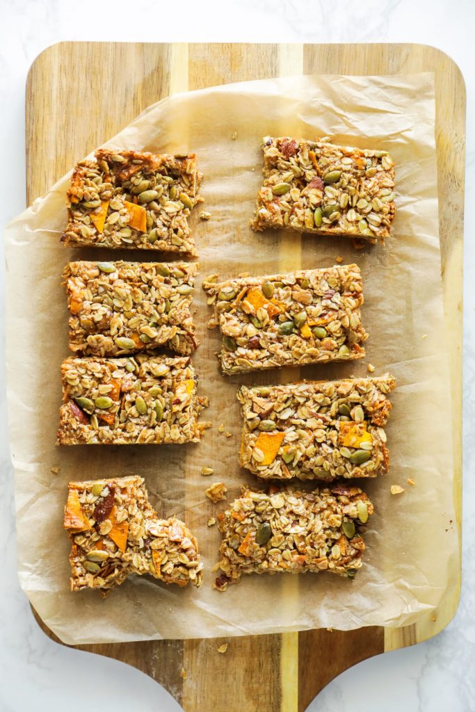 Chewy homemade granola bars with a tropical twist. Made with mango, coconut, natural sweetener, and almond butter.