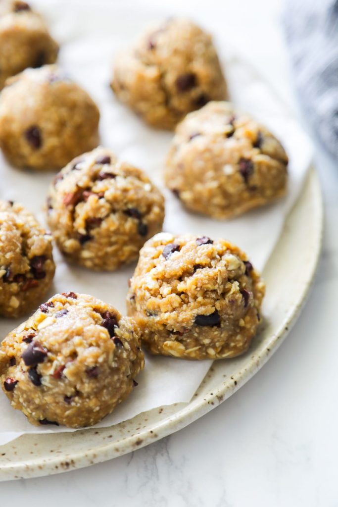 No Bake Chocolate Chip Cookie Dough Bites. Unbelievably good! Made with simple real food ingredients. No eggs, dairy, or gluten (use gluten-free oats).