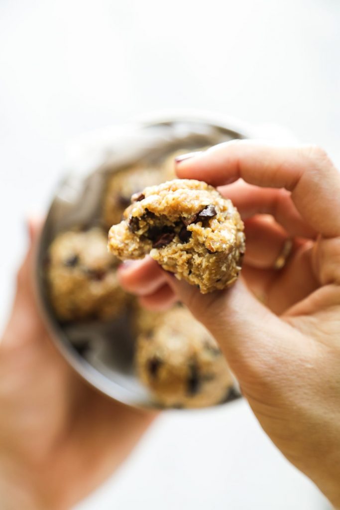 No Bake Chocolate Chip Cookie Dough Bites. Unbelievably good! Made with simple real food ingredients. No eggs, dairy, or gluten (use gluten-free oats).