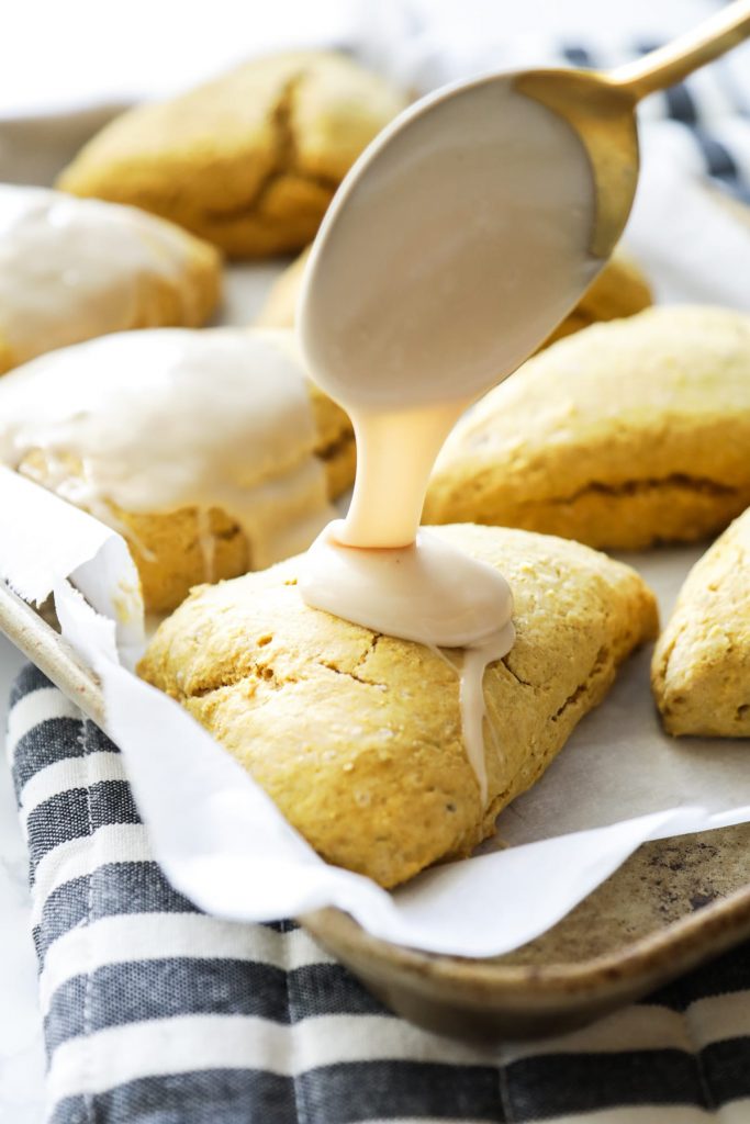 Pumpkin scones made with einkorn flour and naturally-sweetened with honey or maple syrup.