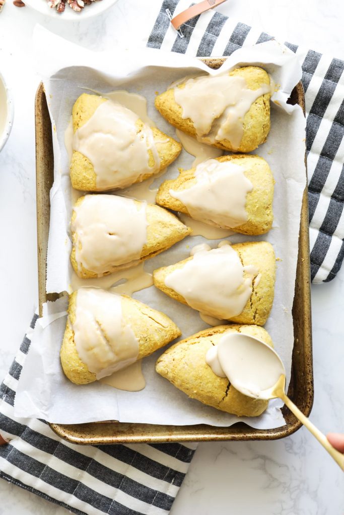 Pumpkin scones made with einkorn flour and naturally-sweetened with honey or maple syrup.