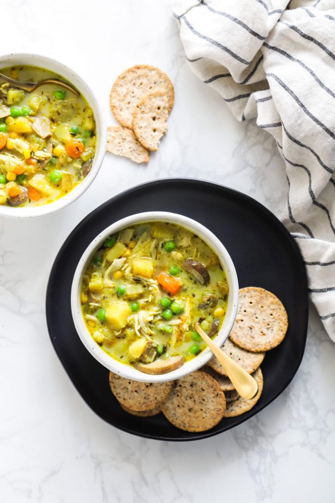 Inspired by the classic chicken pot pie, this soup is made with hearty veggies and shredded chicken. All the ingredients are cooked together in the Instant Pot for a quick and easy meal.