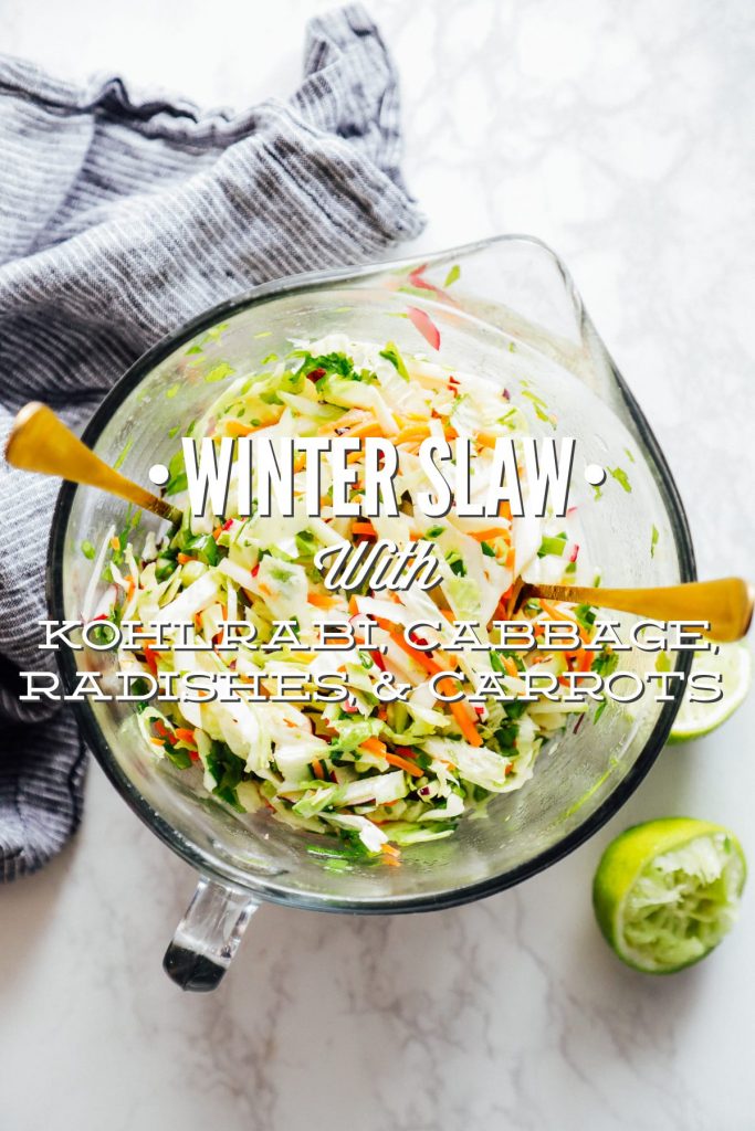 This winter slaw made with kohlrabi, cabbage, radishes, and carrots is an easy and flavorful winter side dish perfect for tacos and sandwiches!