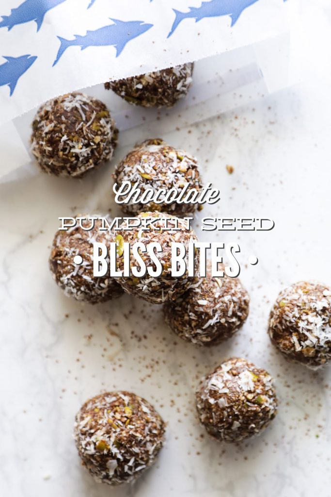 These Chocolate Pumpkin Seed Bliss Bites are the perfect prep ahead snack or dessert option! They are awesome for the kids' lunchbox!