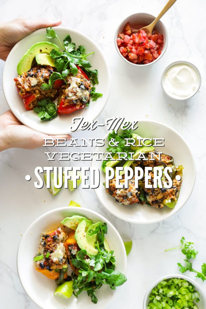 Hearty, vegetarian-stuffed peppers with a Tex-Mex-style filling of beans, rice, salsa, and taco seasonings. Make this meal for dinner, or prep the peppers in advance for a real-food lunch.