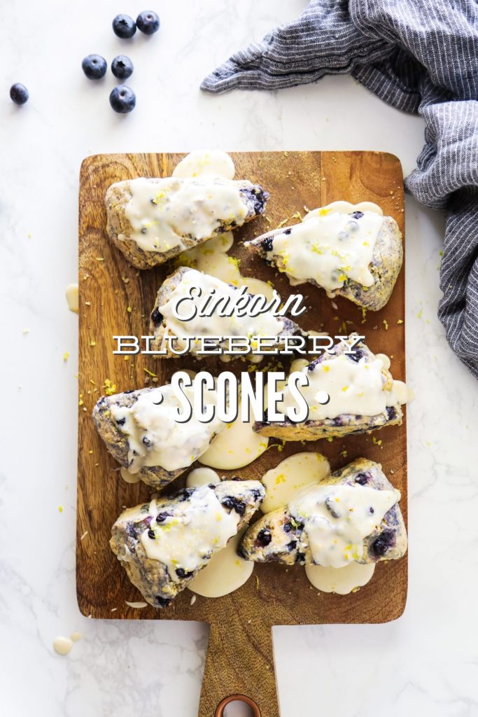Homemade blueberry scones made with einkorn flour and naturally sweetened with maple syrup. The main sweetness and flavor comes from the lemon glaze, so don't skip it.