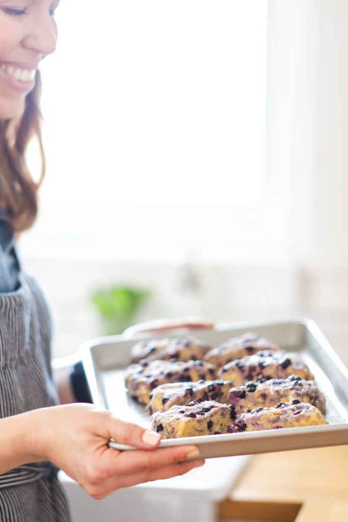 Homemade blueberry scones made with einkorn flour and naturally sweetened with maple syrup. The main sweetness and flavor comes from the lemon glaze, so don't skip it.