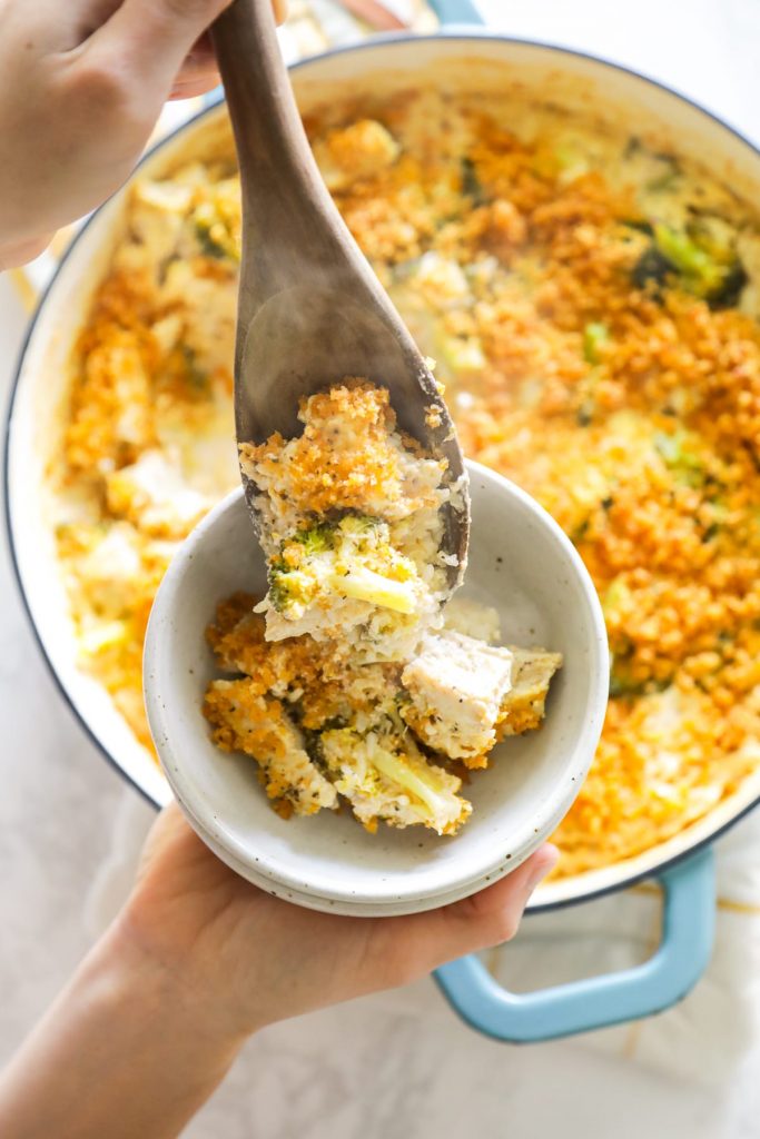 A one-pot chicken, rice, and broccoli casserole baked in a homemade alfredo sauce. Easy, no packaged/fake ingredients, boxes, or processed foods. Just simple, real food ingredients. The best homemade chicken and rice casserole.