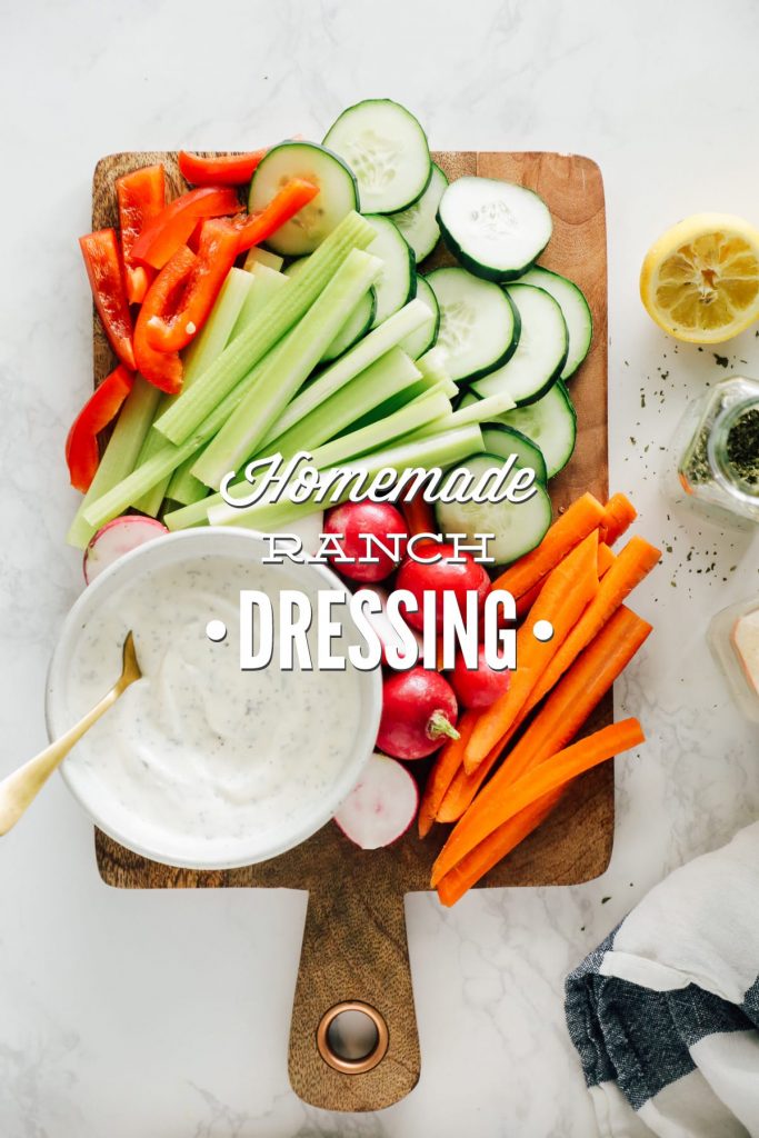 This dressing, or dip, is made with the simplest of ingredients: sour cream, kefir, fresh lemon juice, and seasonings. It takes only five minutes to whisk the ingredients together and make the best ranch dressing.