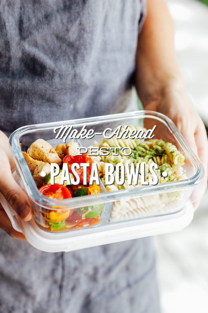 From-scratch pesto is combined with pasta, chicken, and roasted veggies for a make-ahead pasta bowl-style meal. Easy, fresh, real, and make-ahead friendly!