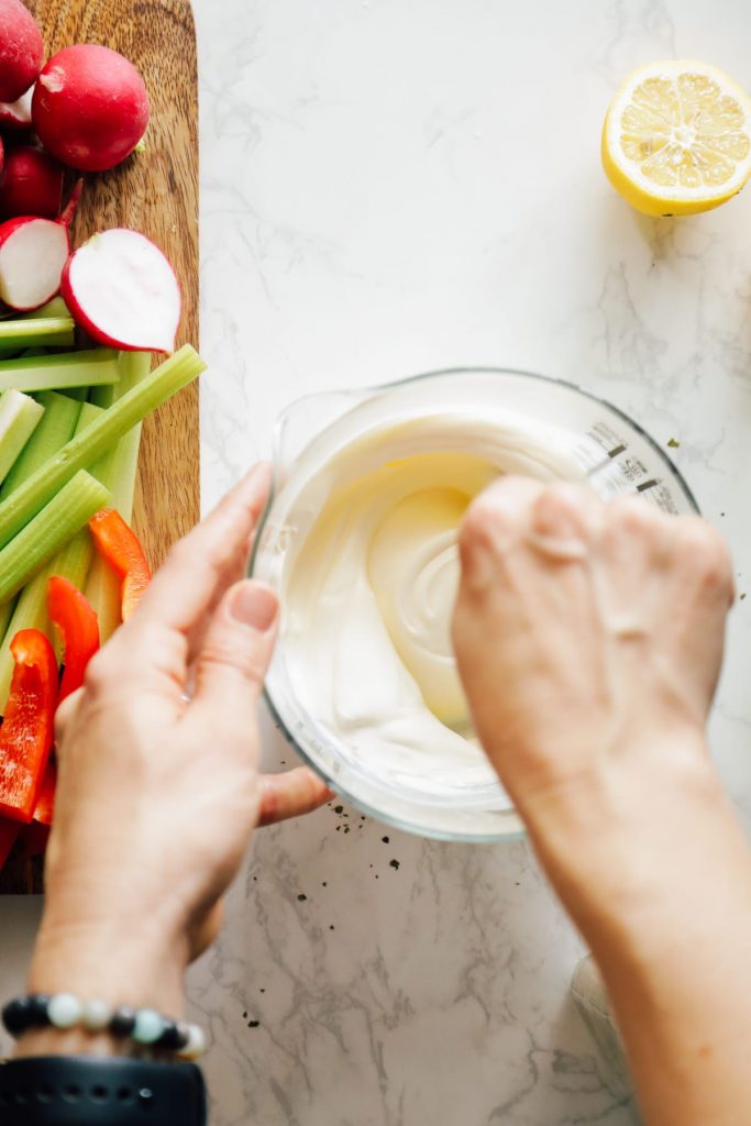 This dressing, or dip, is made with the simplest of ingredients: sour cream, kefir, fresh lemon juice, and seasonings. It takes only five minutes to whisk the ingredients together and make the best ranch dressing.