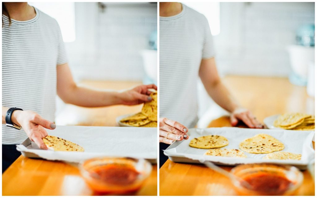 Super easy homemade pizzas made with homemade einkorn tortillas. The tortillas are freezer-friendly and taste amazing as pizza crust.