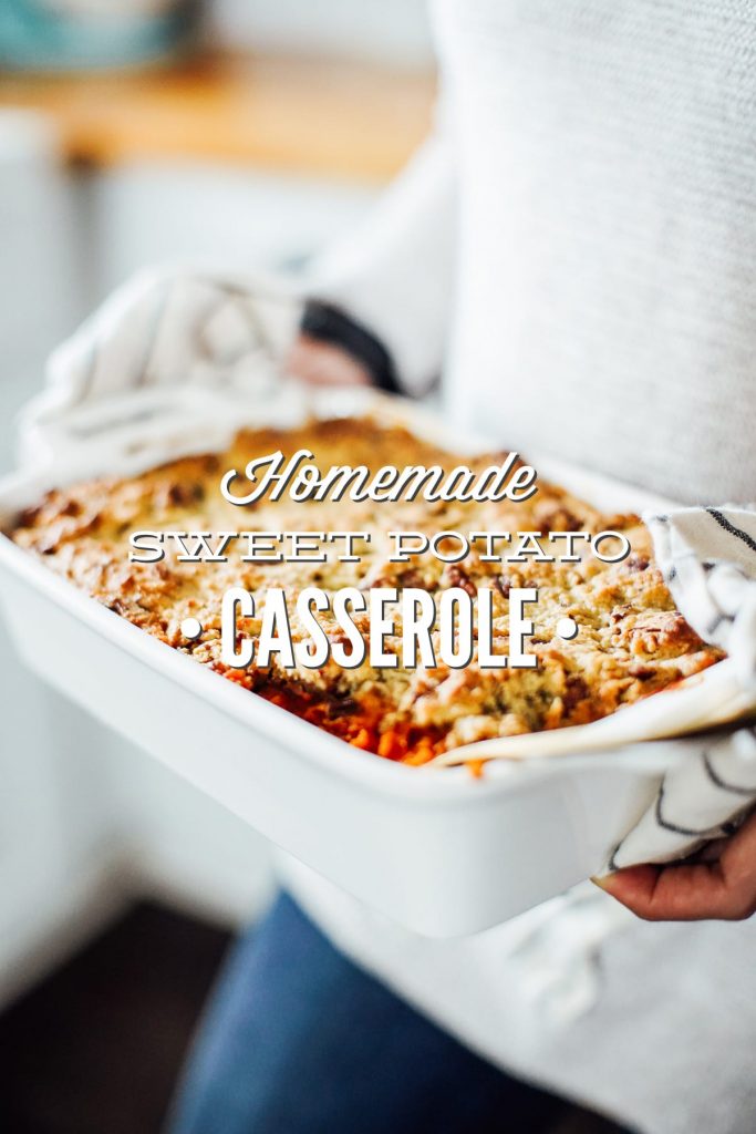 A homemade, real food, naturally-sweetened sweet potato casserole with a gluten-free topping made with almond flour and pecans. Low sugar, maple sweetened.