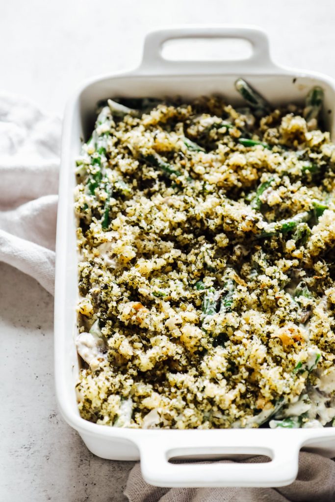 A homemade, real food version of green bean casserole. Made with sour cream in place of condensed soup.