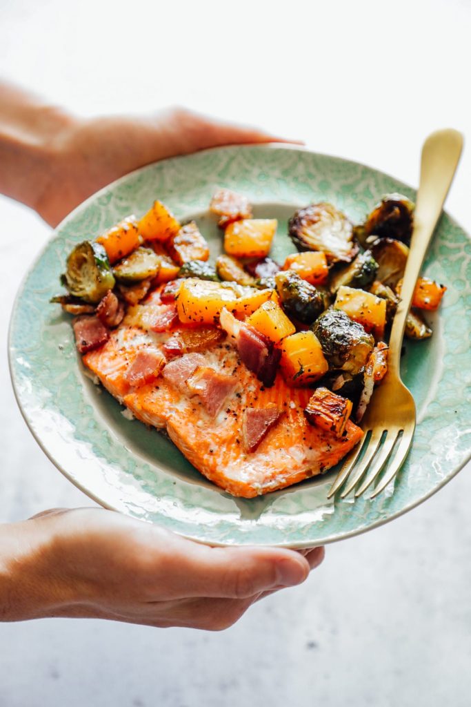 Sheet Pan Salmon with Brussels and Butternut Squash