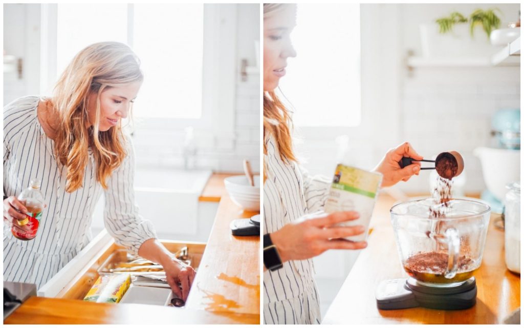 adding cocoa powder to butter to make chocolate cake batter