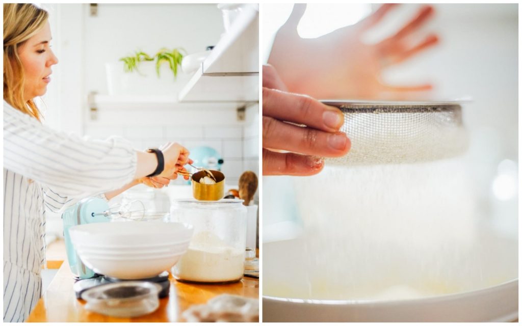 Sifting einkorn flour to make chocolate cake