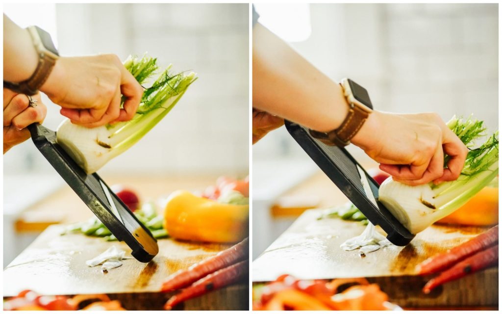 using a mandoline to cut veggies