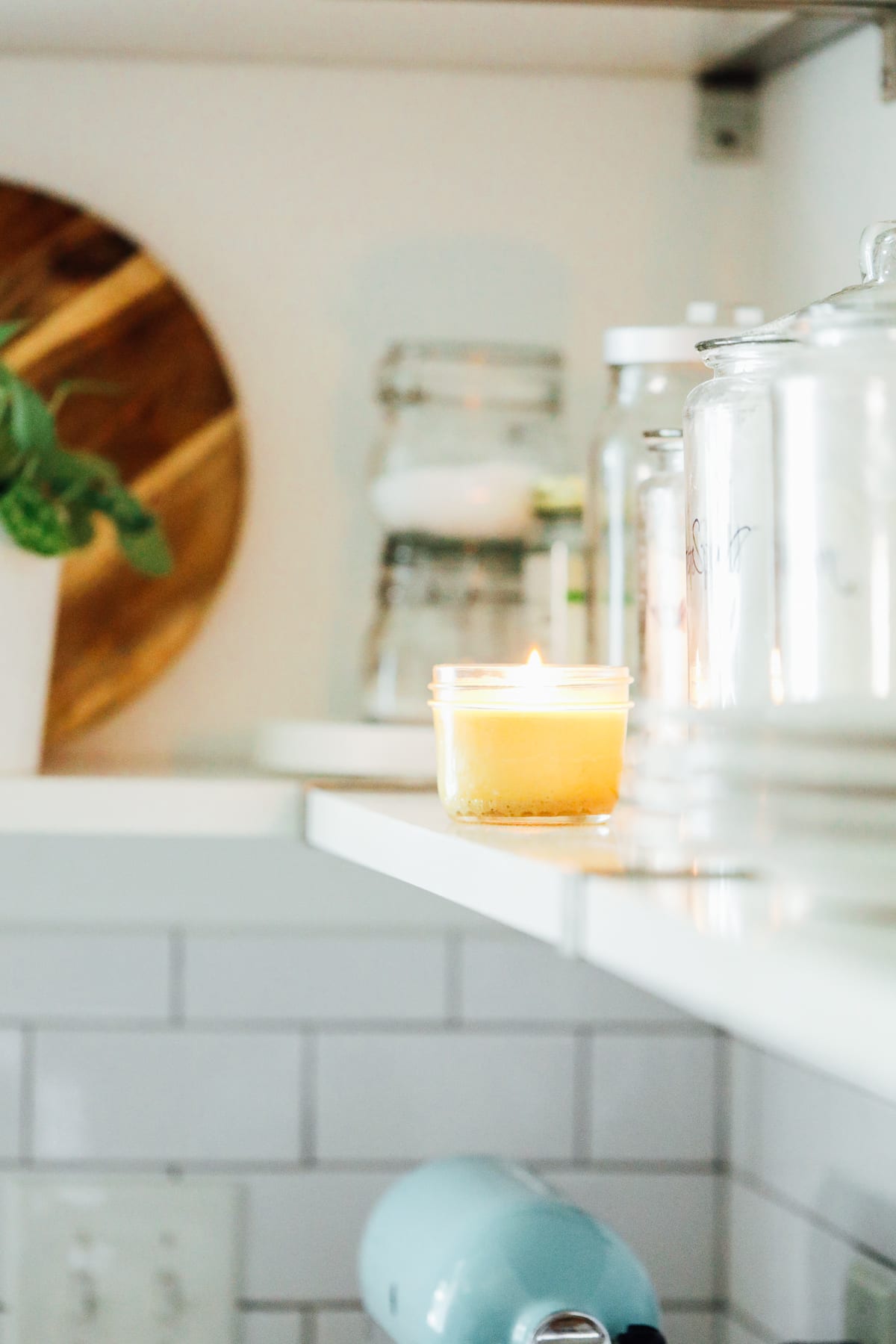 homemade candle on a shelf