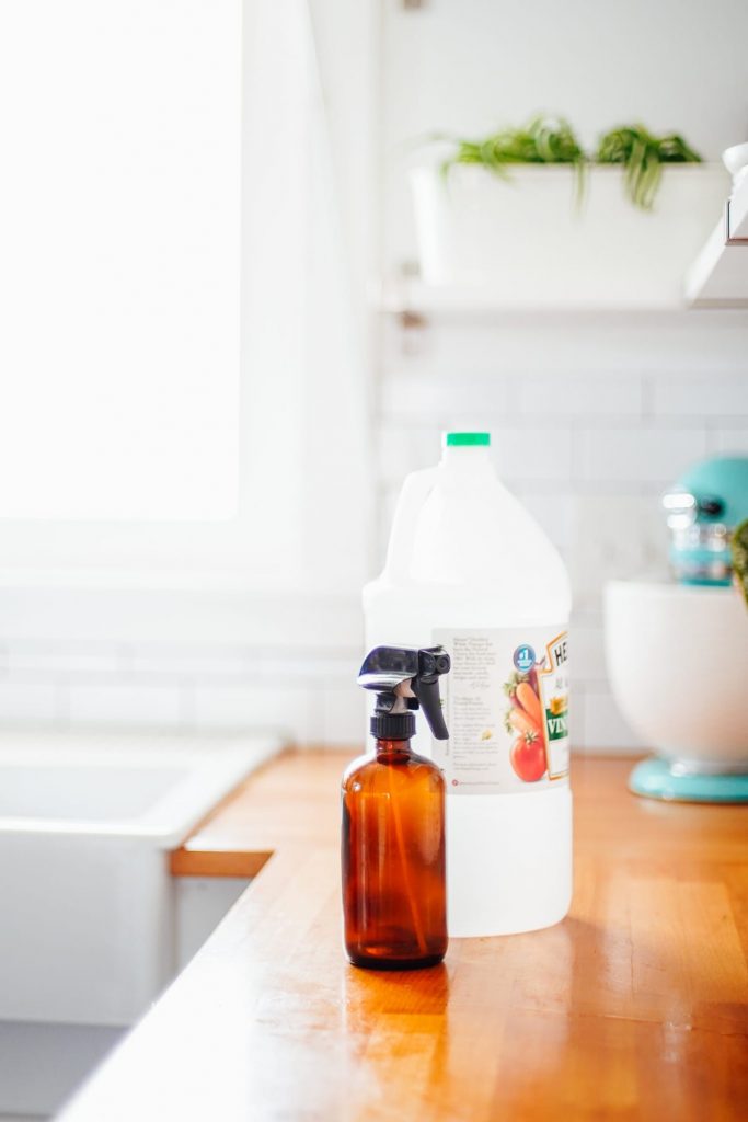 vinegar and spray bottle on kitchen counter