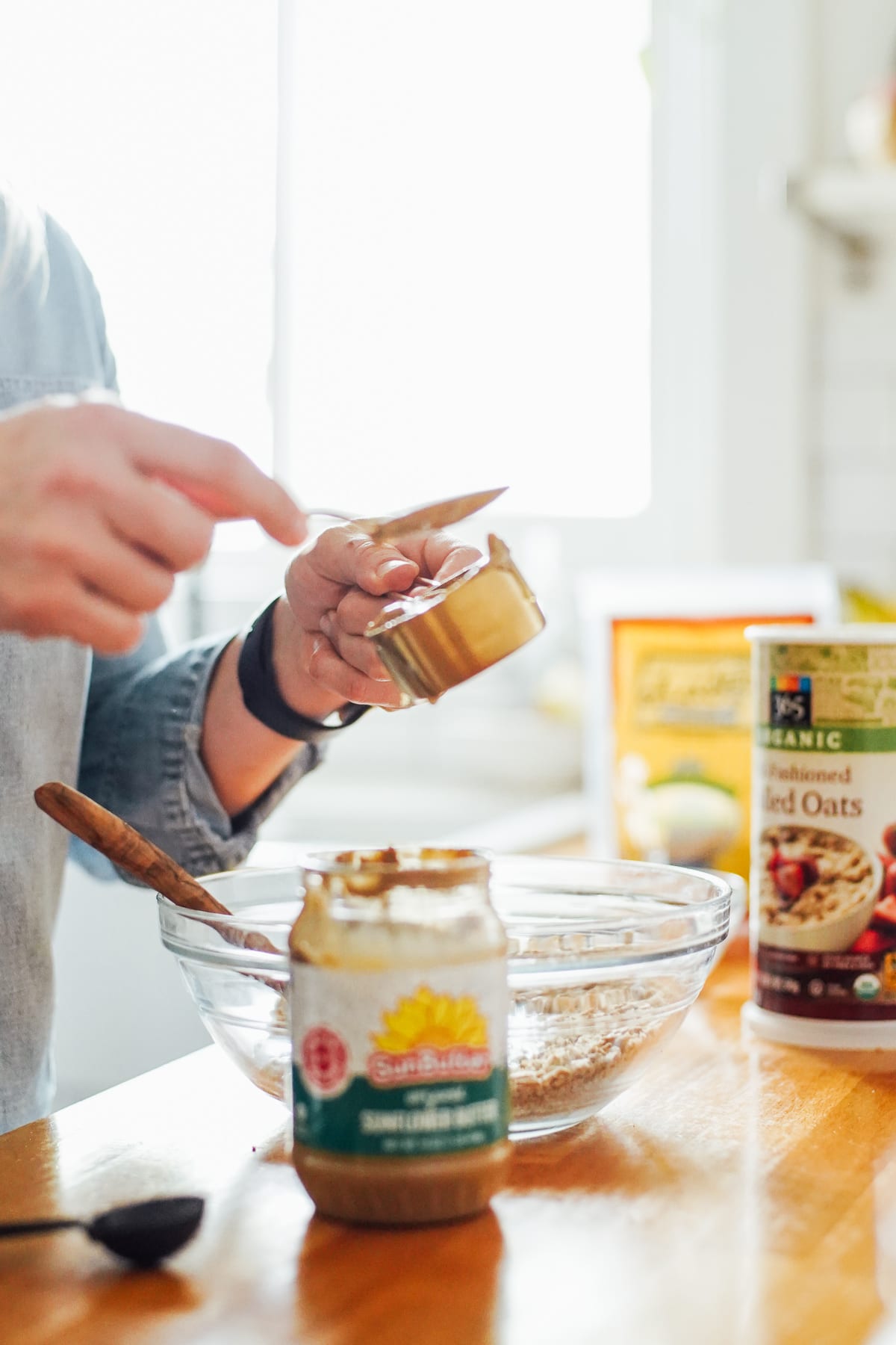 adding sunflower butter to the energy bite mixture