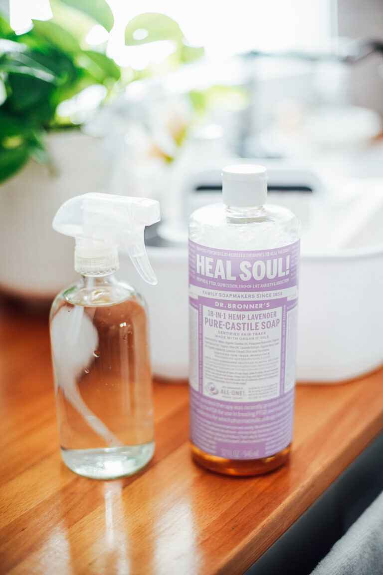 Liquid castile soap in a 32-ounce bottle and a spray bottle with all-purpose spray.