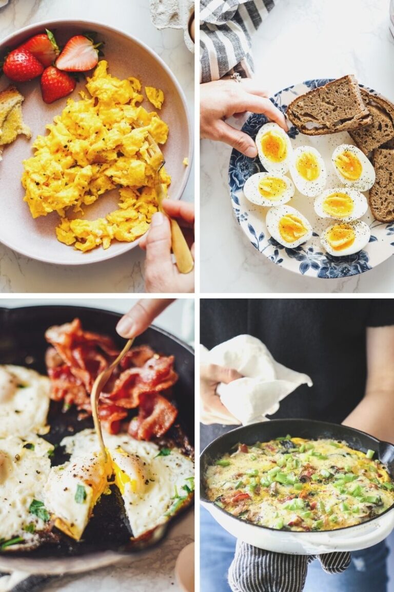 Different Egg Styles: scrambled eggs, hard boiled eggs, sunny side up eggs, and a frittata.