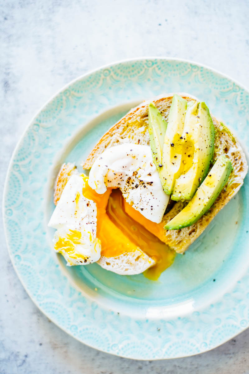 Poached egg, cut in half, with a runny yolk on toast with avocado slices on the side on blue plate.