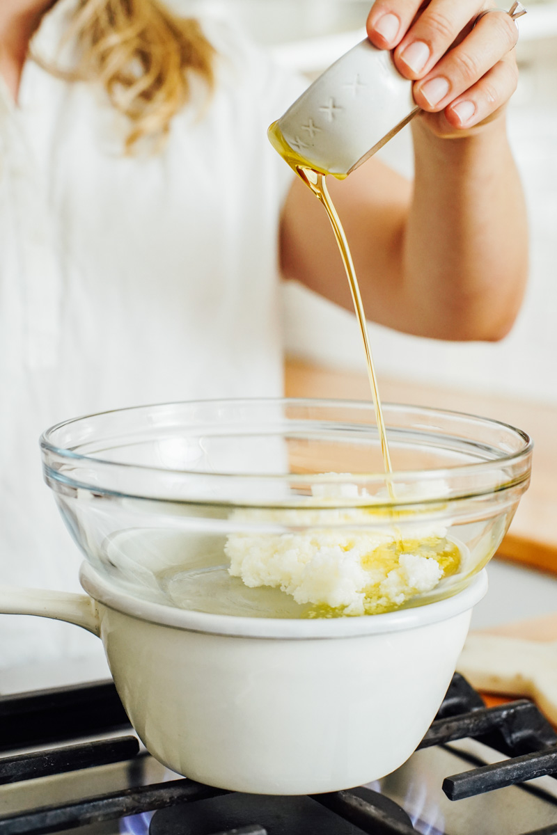 Add carrier oil to the shea butter in the double boiler.