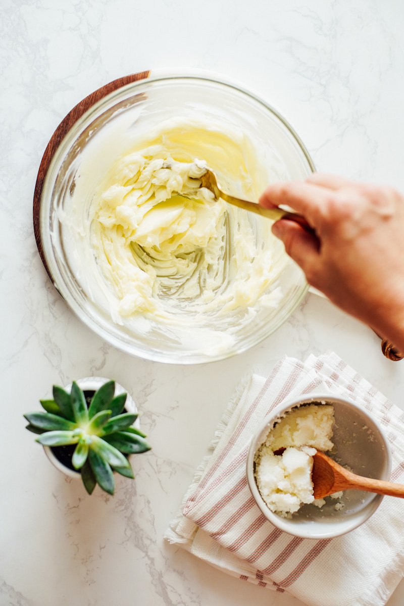 Whipping the lotion mixture with a fork.