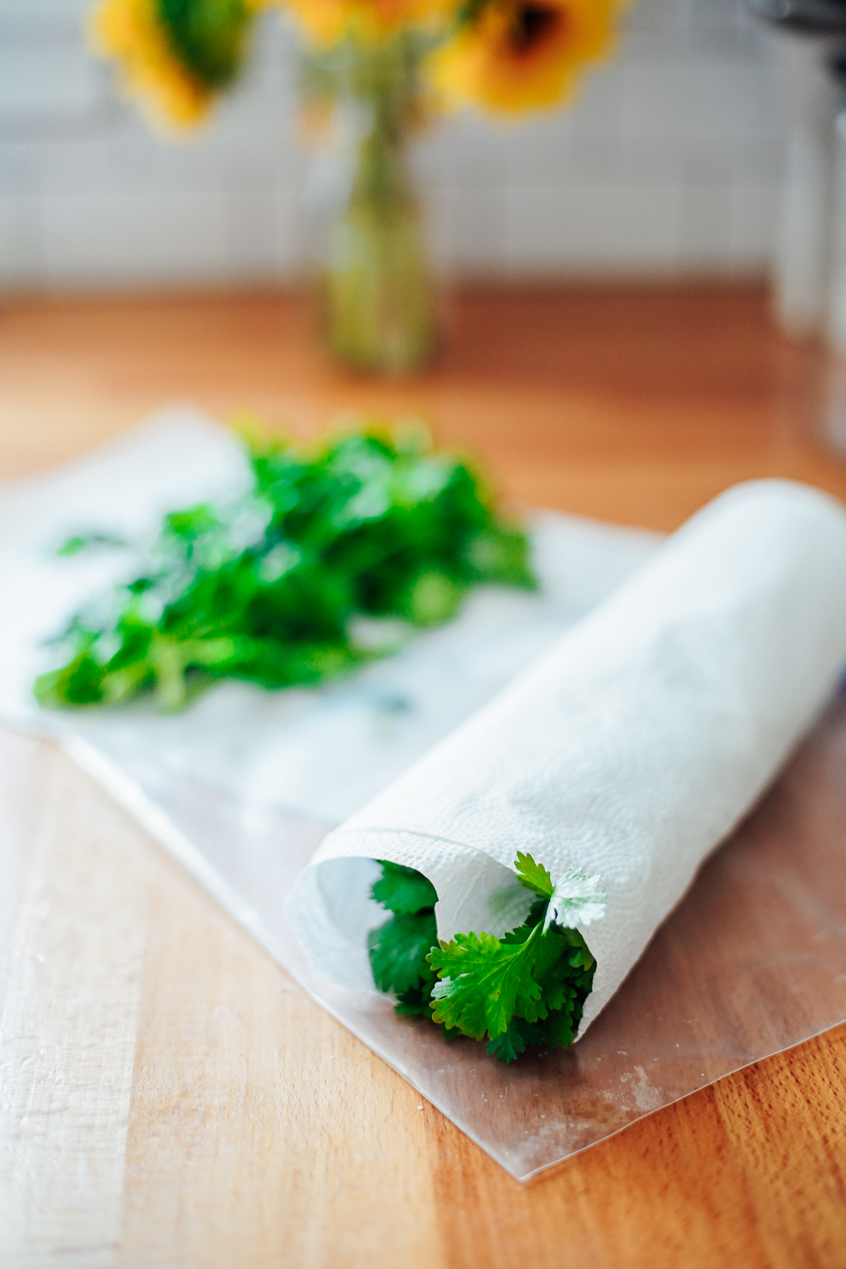 Cilantro rolled up a paper towel and placed in a ziploc bag.