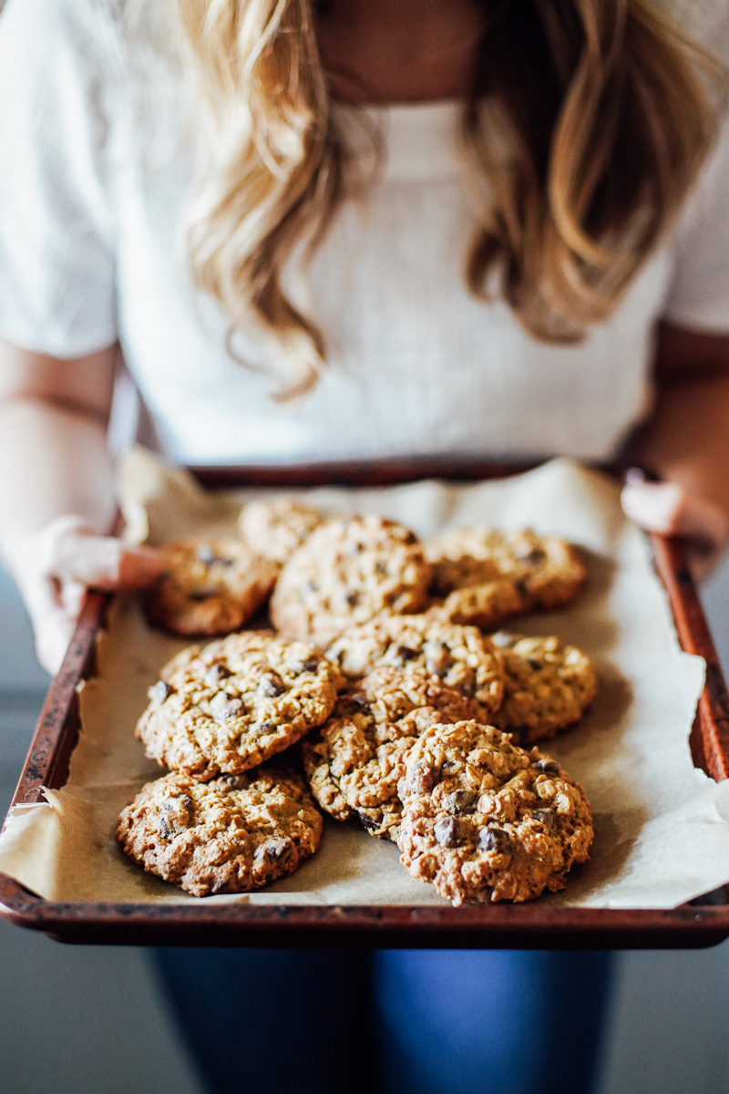 Einkorn Oatmeal Cookies on a sheet pan fresh out of the oven.