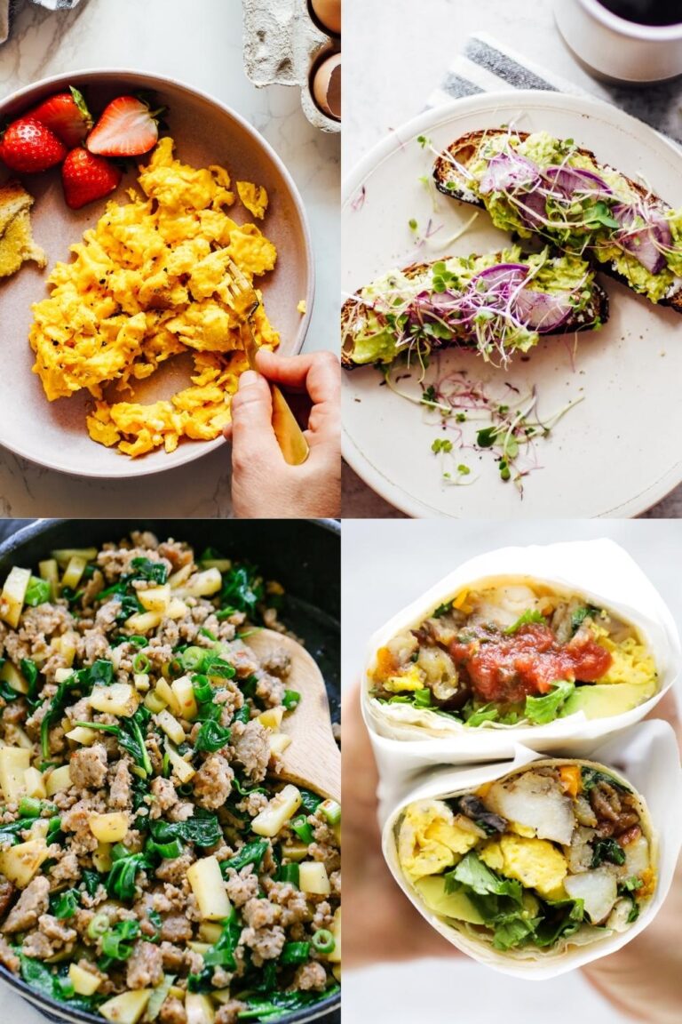 4 ways to eat scrambled eggs: with fruit, avocado toast, potatoes, and a burrito.