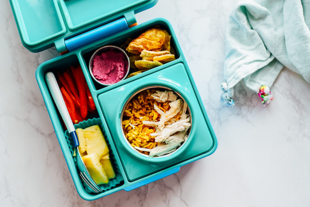 Chicken and rice in a thermos with pineapple slices, red pepper slices, plantain chips, and hummus on the side in a lunchbox.